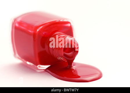 Open Flask with dropping nail polish as closeup on white background Stock Photo