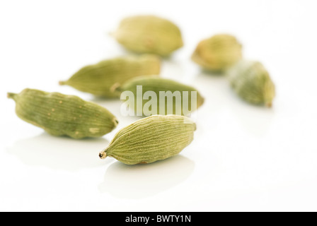 Green cardamom seed as closeup on white background Stock Photo
