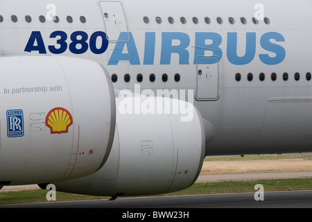Detail of Airbus A380 the worlds largest passenger plane, two Rolls Royce turbines in foreground Stock Photo
