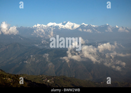 Early morning sun on the peaks of Mount Kanchenjunga, at  8,595-m the world's third highest mountain Stock Photo