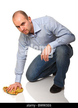 image of young cleaner on white background Stock Photo