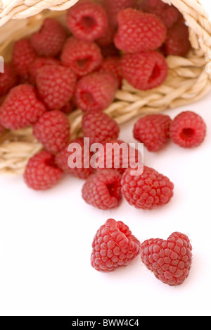 Fresh raspberry in and outside of a basket Stock Photo