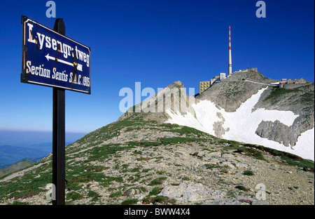 Switzerland Europe Canton Appenzell Innerrhoden Alpstein mountains Lisengrat Mount Santis way signpost sign Stock Photo