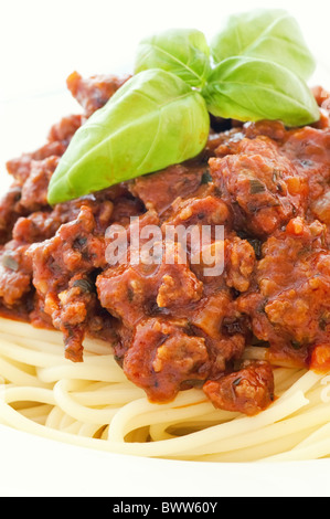 Spaghetti with bolognese sauce and basil as closeup in a white plate Stock Photo