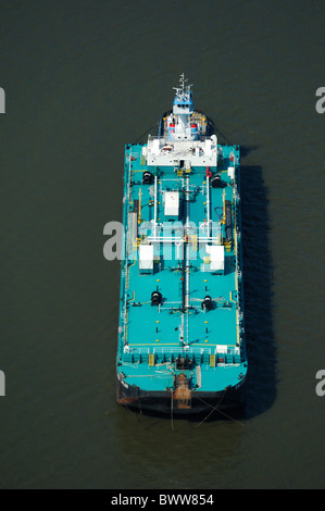 Aerial view of tank barge pushed by a boat on Hudson river, New York state, Usa Stock Photo