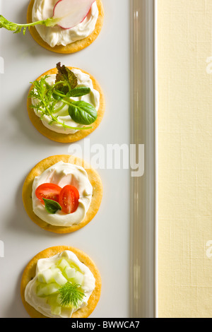 Crackers with Creamy Cheese spread, garnished with Tomatoes, Basil, Cucumber, Dill, Mixed Green and Radishes on top on a white r Stock Photo