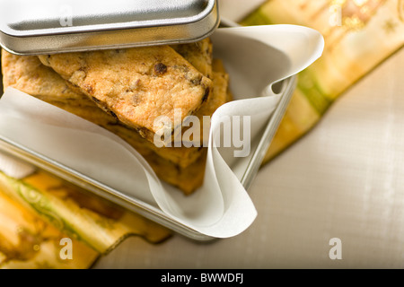 Currant-Ginger Shortbread cookies inside a metal gift box. Stock Photo