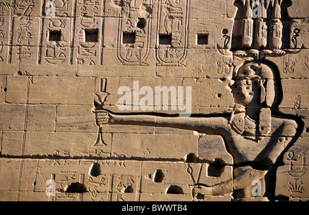Egyptian hieroglyphics - Detail of a carved stone wall at the ancient temple for Isis on the island of Philae on the Nile river, Egypt. Stock Photo
