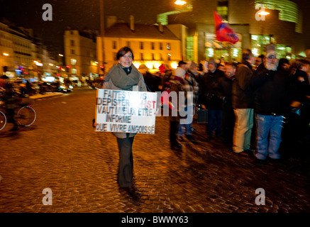 Paris, France, Anti AIDS Demonstration, World HIV/AIDS Day, (Cris) Transgender Rights Trans Activist holding Sign, Street, March at Night, Stock Photo