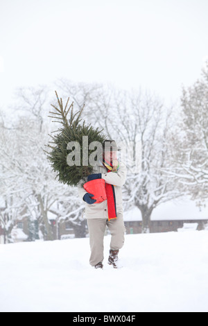 A man carries a Christmas Tree across a snow covered park. Picture by James Boardman. Stock Photo