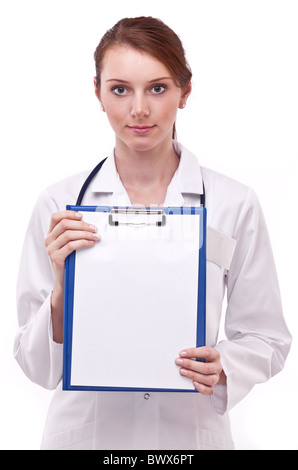 Doctor holds clipboard with empty sheet. Isolated on a white. Stock Photo