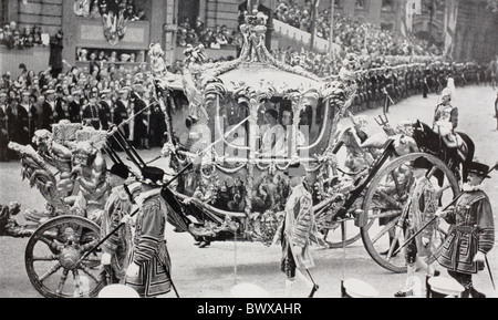 King George VI and Queen Elizabeth in the state coach during the journey from the Palace to Westminster Abbey to the coronation. Stock Photo
