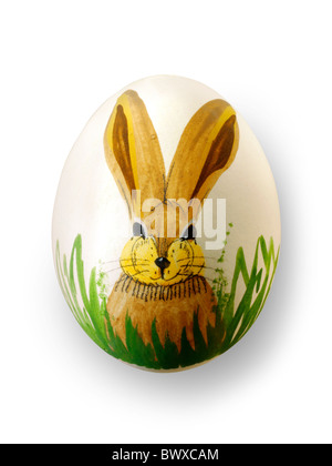 Traditional painted Easter chicken egg depicting an Easter rabbit Stock Photo