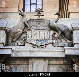 Australian coat of arms featuring a kangaroo and an emu on the General Post Office building in Perth Western Australia Stock Photo