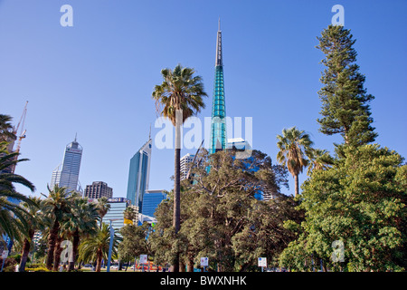 The Swan Bell Tower and Perth city skyline Western Australia the bell tower houses historic bells of St Martin in the Fields Stock Photo