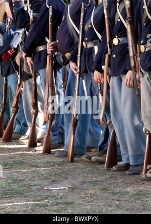 Union soldiers standing at attention during Blue and Gray Civil War Reenactment Stock Photo