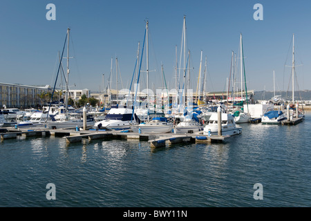 Boats moored at the Knysna Quays marina on the Garden Route in South Africa. Stock Photo