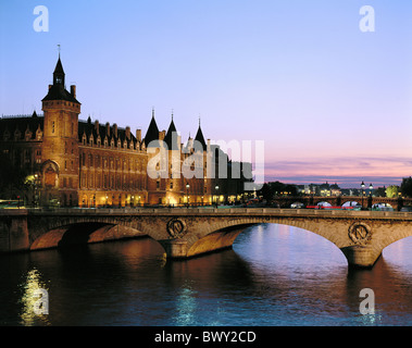 bridge France Europe building construction Ile de la Cite at night Paris Seine shore Stock Photo