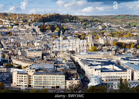 Autumn view over the historic city of Bath, Somerset, England showing streets, houses, shops, hotels, abbey and churches