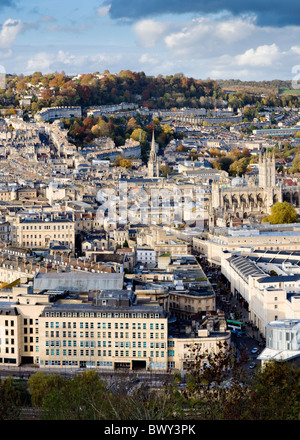 Autumn view over the historic city of Bath, Somerset, England showing streets, houses, shops, hotels, abbey and churches