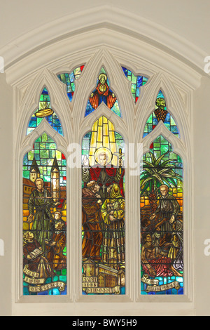 Stained Glass Window of Kaspar Stanggassinger, John Neumann and Peter Donders at Bishop Eton Roman Catholic Church, Liverpool,UK Stock Photo