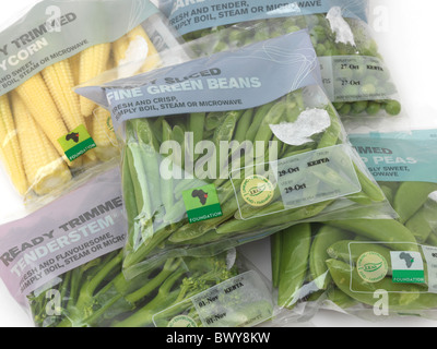 Kenyan Baby Corn, Tenderstem Broccoli, Fine Green Beans, Garden Peas And Sugar Snap Peas In Packaging Stock Photo