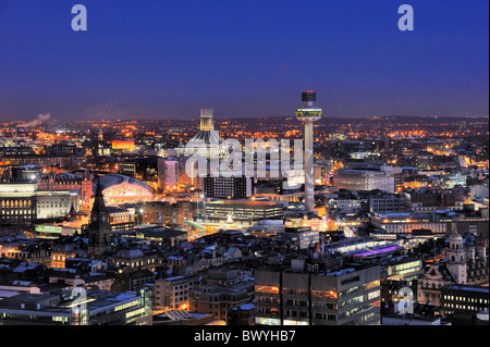 Liverpool City Centre at night showing Lime Street Station, Liverpool metropolitan Cathedral and Radio City tower. Stock Photo