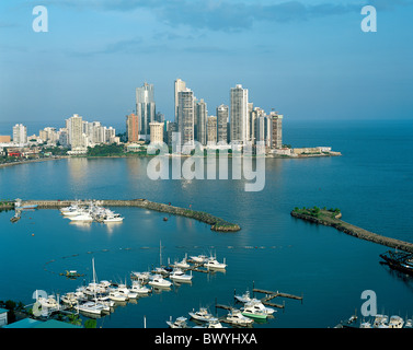 harbour port ocean-going fishing ships sea Panama Panama Bay Panama city Punta Paitilla skyline Stock Photo