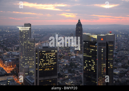 Skyline of financial district and Trade Fair Tower, Frankfurt, Germany Stock Photo