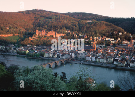 city dusk Germany Europe Heidelberg mood overview panorama river town twilight Stock Photo