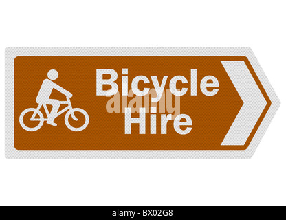 Photo-realistic tourist information-style roadsign, depicting 'bicycle hire'. Stock Photo