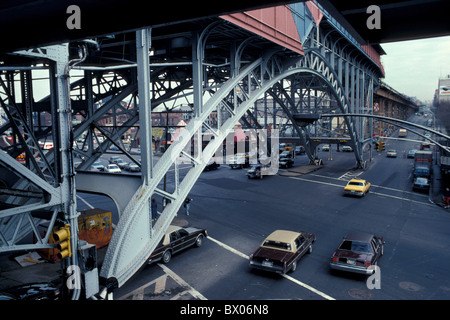 125th Street bridge Broadway building city construction Harlem Highway New York street Subway station tow Stock Photo