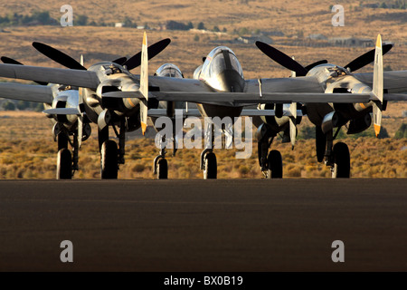 P-38 Lightning fighters on the ramp at Stead Field in Nevada. Stock Photo