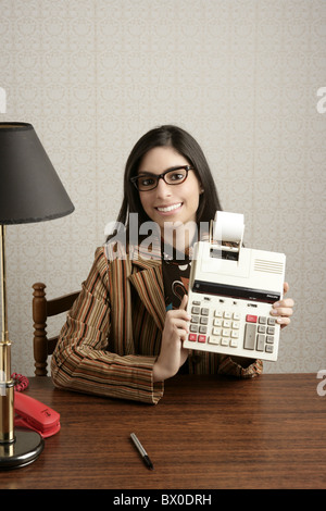 accountant secretary retro woman vintage office wooden table wallpaper Stock Photo