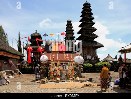 Offerings at the temple near Lake Batur, Pura Ulun Danu Batur. Kintamani, Bali, Indonesia. Stock Photo