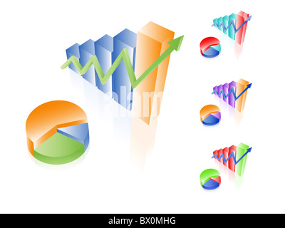 3D vector charts. Bar and pie diagrams. Set of different colors. Financial incoming growth concept. Easy to edit. Any size. Stock Photo