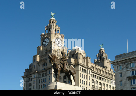 Statue of Edward VII on horseback in front of The Royal Liver Building, Liverpool, Merseyside North West England, United Kingdom Stock Photo