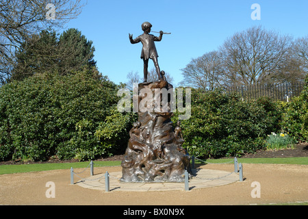 Bronze Statue of Peter Pan after restoration, Sefton Park, Aigburth, Liverpool, Merseyside, England, United Kingdom Stock Photo