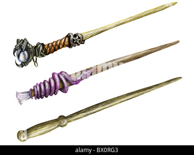 Illustration of three magical wands isolated on white Stock Photo