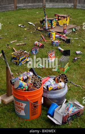 Day after backyard fireworks display July 4th clean up the garbage Stock Photo