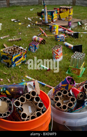 Day after backyard fireworks display July 4th clean up the garbage Stock Photo