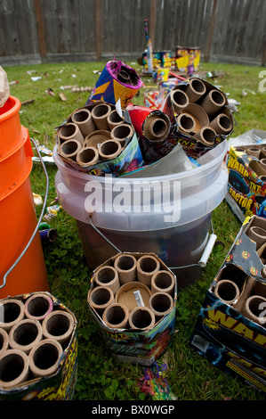 Day after backyard fireworks display July 4th clean up the garbage Stock Photo