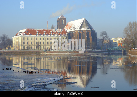 Wroclaw Odra river and Holy Mary church in a sunny winter morning Stock Photo