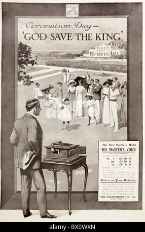 A 1910 advertisement for His Master's Voice' Gramaphone Player. From The Illustrated London News published 1910. Stock Photo