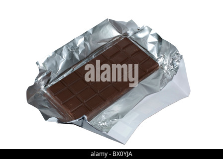 Milk chocolate with foil and wrapper isolated on white background. Clipping path. Stock Photo