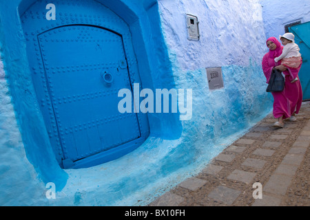 blue door& street scene,Chefchaouen,Morocco Stock Photo