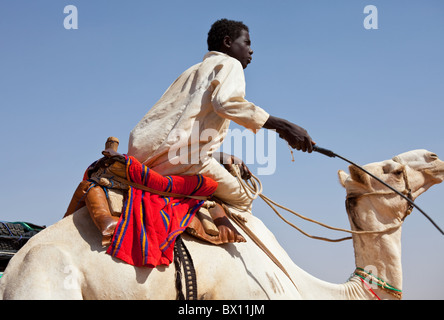 SUDAN - JANUARY 09: Sudanese boy riding a camel in rural area near Nubian pyramids on January 9, 2010. Stock Photo