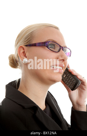 portrait of businesswoman in closeup on the phone over white background Stock Photo
