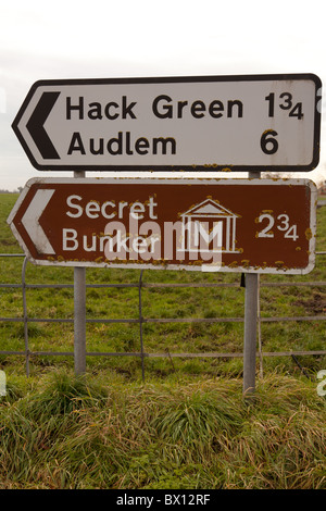 Uk direction road signs to small villages and a Secret Bunker near Nantwich, Cheshire Stock Photo