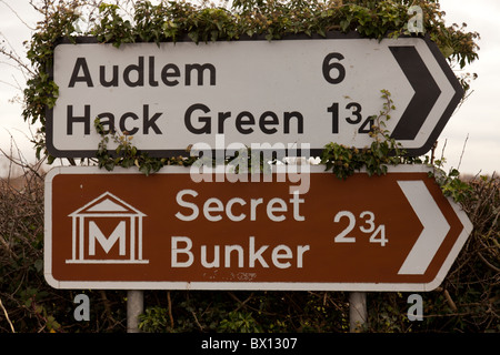 Uk direction road signs to small villages and a Secret Bunker near Nantwich, Cheshire